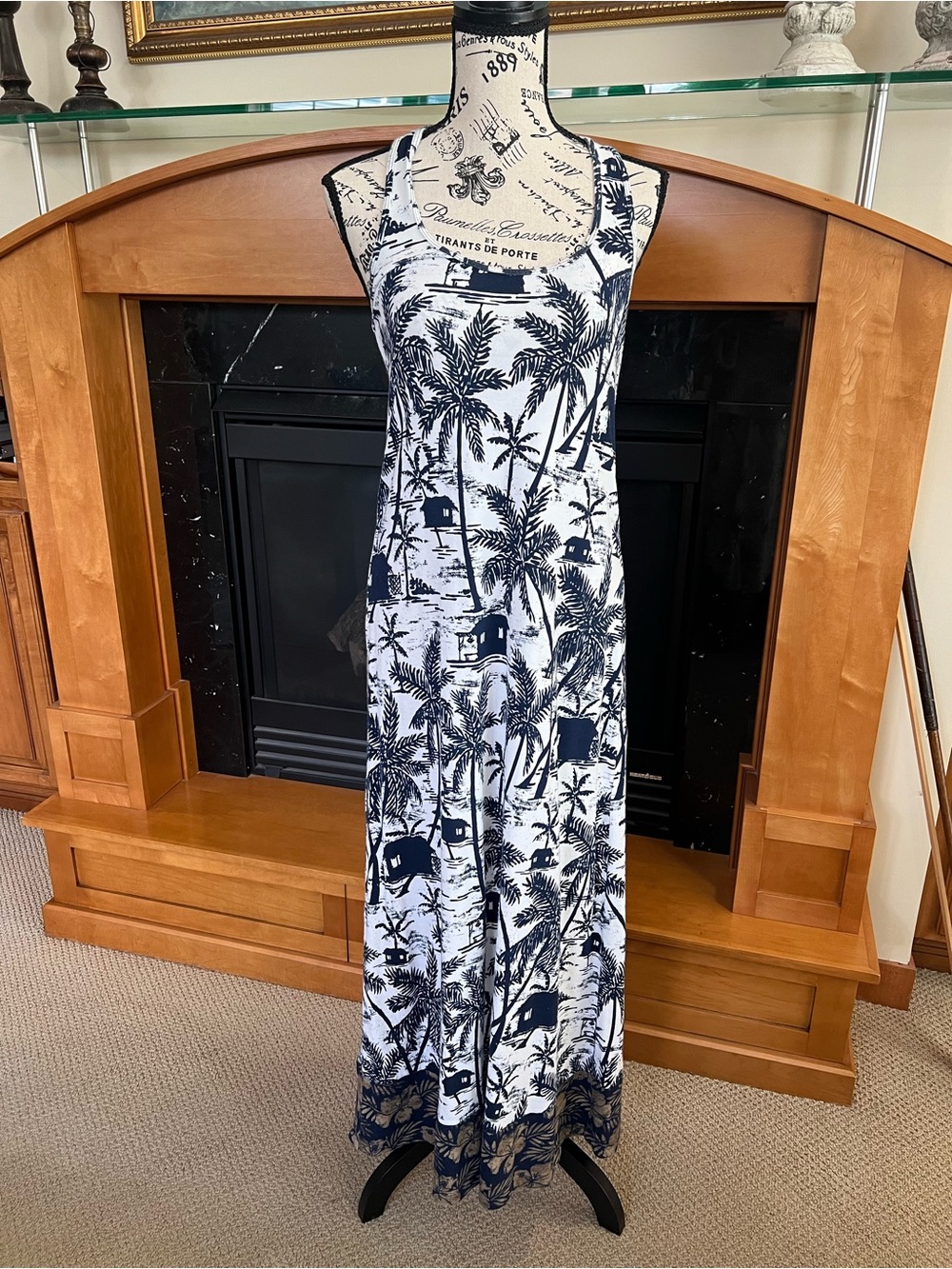 Tommy Bahama Navy and White Tropical Palm Maxi Dress